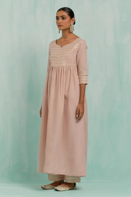 Shop_The Indian Cause_Pink Cotton Gota Patti Embellished Fit And Flare Anarkali Palazzo Set_Online_at_Aza_Fashions