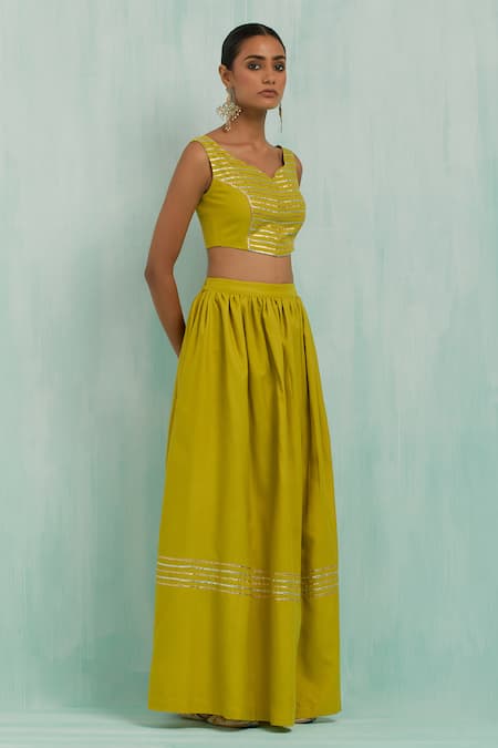 Buy The Indian Cause Green Cotton Gota Patti Boat Neck Pleated Embellished Lehenga With Blouse Online at Aza Fashions Buy_The Indian Cause_Green Cotton Gota Patti Boat Neck Pleated Embellished Lehenga With Blouse _Online_at_Aza_Fashions