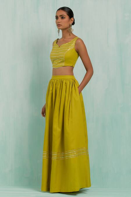 Shop The Indian Cause Green Cotton Gota Patti Boat Neck Pleated Embellished Lehenga With Blouse Online at Aza Fashions Shop_The Indian Cause_Green Cotton Gota Patti Boat Neck Pleated Embellished Lehenga With Blouse _Online_at_Aza_Fashions