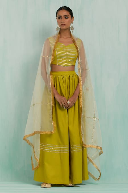 The Indian Cause Green Cotton Gota Patti Boat Neck Pleated Embellished Lehenga With Blouse at Aza Fashions The Indian Cause_Green Cotton Gota Patti Boat Neck Pleated Embellished Lehenga With Blouse _at_Aza_Fashions