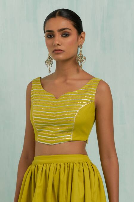 Buy_The Indian Cause_Green Cotton Gota Patti Asymmetric Embellished Pleated Lehenga Set _Online_at_Aza_Fashions