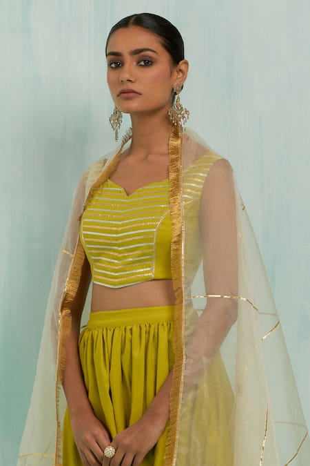 Shop_The Indian Cause_Green Cotton Gota Patti Asymmetric Embellished Pleated Lehenga Set _Online_at_Aza_Fashions