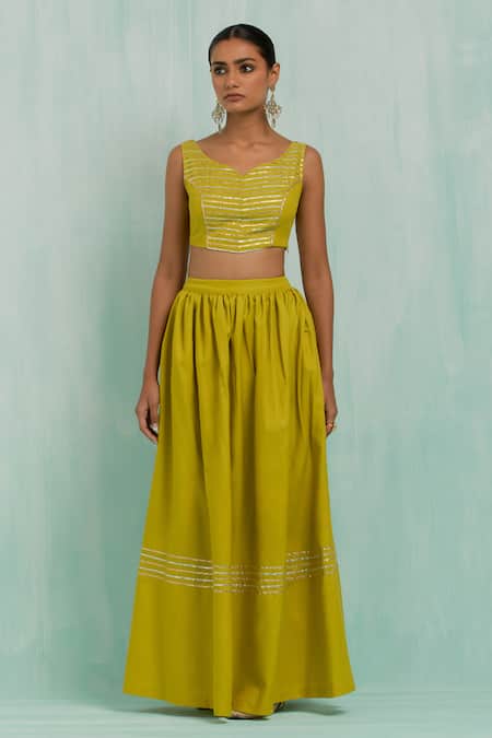 The Indian Cause_Green Cotton Gota Patti Asymmetric Embellished Pleated Lehenga Set _at_Aza_Fashions