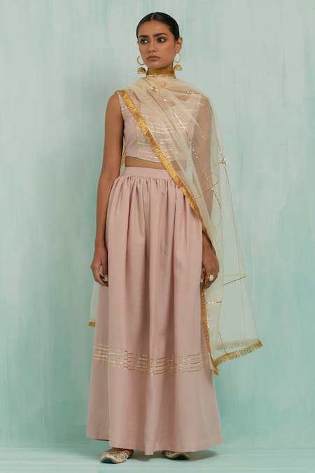 TIC Pink Cotton Slub Embroidered Gotapatti Leaf Pastel Gota Embellished Lehenga Set 