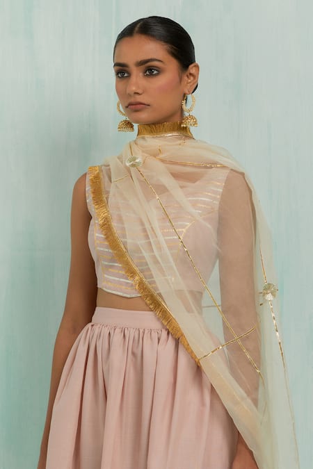 Shop_The Indian Cause_Pink Cotton Gota Patti Pastel Embellished Lehenga Set _Online_at_Aza_Fashions