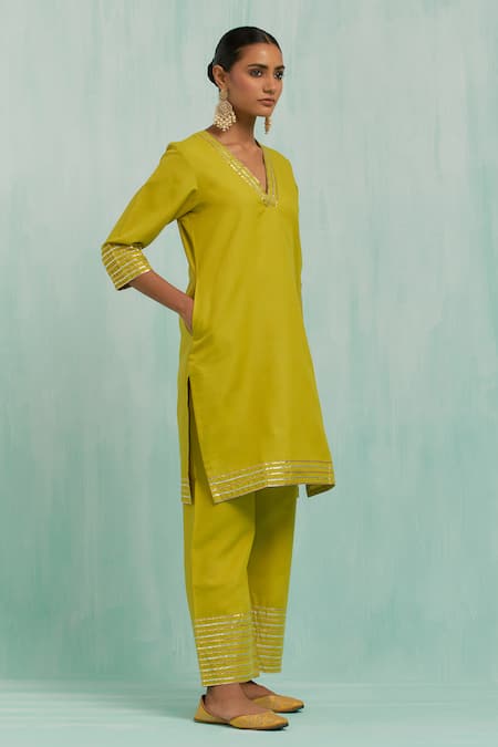 Buy_The Indian Cause_Green Cotton Gota Patti V-neck Embellished Straight Kurta With Palazzo_Online_at_Aza_Fashions