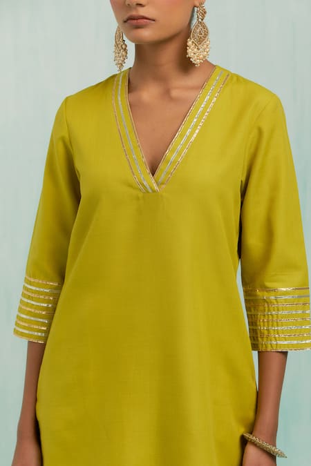 Buy The Indian Cause Green Cotton, Chiffon Gota Patti V-neck Straight Embellished Kurta Palazzo Set Online at Aza Fashions Buy_The Indian Cause_Green Cotton, Chiffon Gota Patti V-neck Straight Embellished Kurta Palazzo Set_Online_at_Aza_Fashions