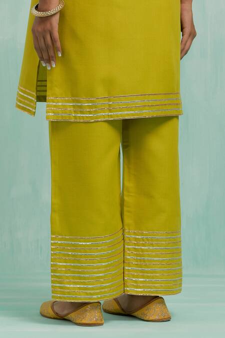 The Indian Cause Green Cotton, Chiffon Gota Patti V-neck Straight Embellished Kurta Palazzo Set at Aza Fashions The Indian Cause_Green Cotton, Chiffon Gota Patti V-neck Straight Embellished Kurta Palazzo Set_at_Aza_Fashions