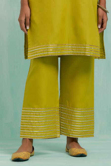 Buy The Indian Cause Green Cotton, Chiffon Gota Patti V-neck Straight Embellished Kurta Palazzo Set Buy_The Indian Cause_Green Cotton, Chiffon Gota Patti V-neck Straight Embellished Kurta Palazzo Set