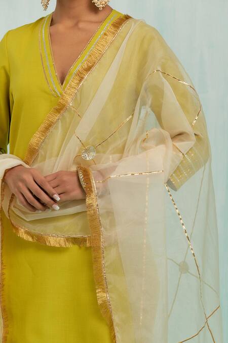 Shop The Indian Cause Green Cotton, Chiffon Gota Patti V-neck Straight Embellished Kurta Palazzo Set Shop_The Indian Cause_Green Cotton, Chiffon Gota Patti V-neck Straight Embellished Kurta Palazzo Set