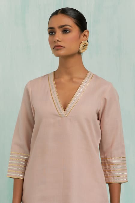 The Indian Cause_Pink Cotton Gota Patti V-neck Embellished Kurta With Palazzo_Online_at_Aza_Fashions