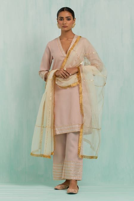Shop_The Indian Cause_Pink Cotton Gota Patti V-neck Embellished Kurta With Palazzo_Online_at_Aza_Fashions