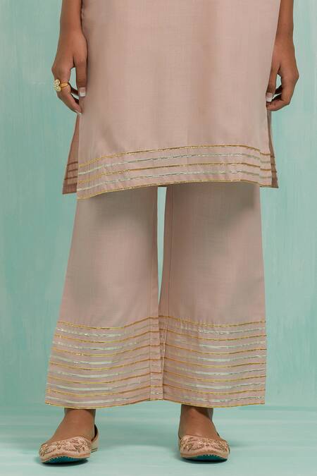 The Indian Cause Pink Cotton, Chiffon Gota Patti V-neck Embellished Kurta Palazzo Set Online at Aza Fashions The Indian Cause_Pink Cotton, Chiffon Gota Patti V-neck Embellished Kurta Palazzo Set_Online_at_Aza_Fashions