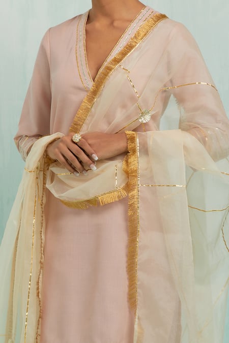 Buy The Indian Cause Pink Cotton, Chiffon Gota Patti V-neck Embellished Kurta Palazzo Set Online at Aza Fashions Buy_The Indian Cause_Pink Cotton, Chiffon Gota Patti V-neck Embellished Kurta Palazzo Set_Online_at_Aza_Fashions