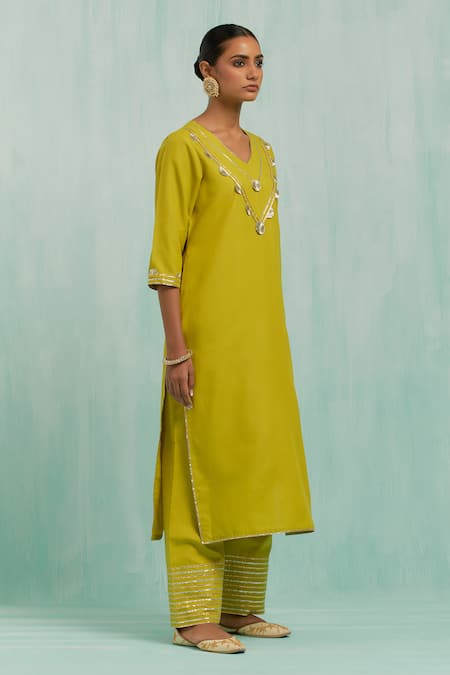 Shop_The Indian Cause_Green Cotton Gota Patti V-neck Haar Embroidered Neckline Kurta With Palazzo _Online_at_Aza_Fashions