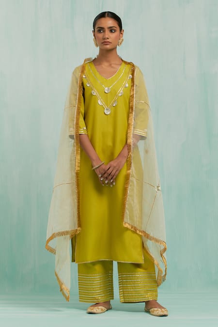 The Indian Cause_Green Cotton Gota Patti V-neck Haar Embroidered Neckline Kurta With Palazzo _at_Aza_Fashions