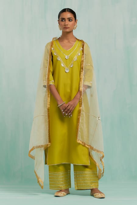 TIC Green Cotton Slub Embroidered Gotapatti V Gota Haar Neckline Kurta Palazzo Set 