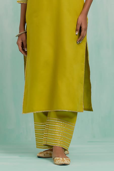 The Indian Cause Green Cotton, Chiffon Embroidery, Gota Patti Haar Neckline Kurta Palazzo Set Online at Aza Fashions The Indian Cause_Green Cotton, Chiffon Embroidery, Gota Patti Haar Neckline Kurta Palazzo Set_Online_at_Aza_Fashions