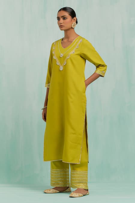 Buy The Indian Cause Green Cotton, Chiffon Embroidery, Gota Patti Haar Neckline Kurta Palazzo Set Online at Aza Fashions Buy_The Indian Cause_Green Cotton, Chiffon Embroidery, Gota Patti Haar Neckline Kurta Palazzo Set_Online_at_Aza_Fashions