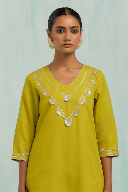 Shop The Indian Cause Green Cotton, Chiffon Embroidery, Gota Patti Haar Neckline Kurta Palazzo Set Online at Aza Fashions Shop_The Indian Cause_Green Cotton, Chiffon Embroidery, Gota Patti Haar Neckline Kurta Palazzo Set_Online_at_Aza_Fashions