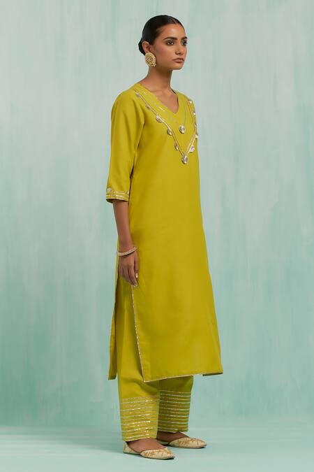The Indian Cause Green Cotton, Chiffon Embroidery, Gota Patti Haar Neckline Kurta Palazzo Set at Aza Fashions The Indian Cause_Green Cotton, Chiffon Embroidery, Gota Patti Haar Neckline Kurta Palazzo Set_at_Aza_Fashions