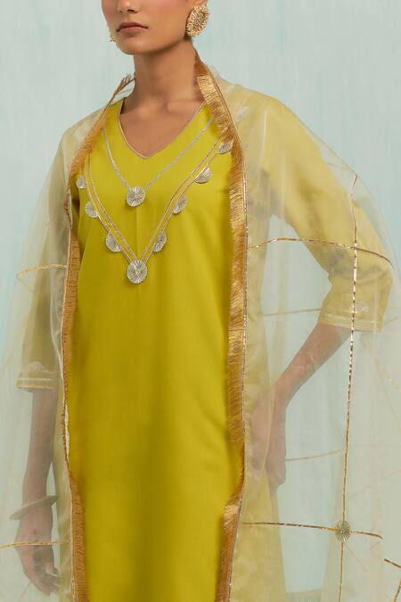 Buy The Indian Cause Green Cotton, Chiffon Embroidery, Gota Patti Haar Neckline Kurta Palazzo Set Buy_The Indian Cause_Green Cotton, Chiffon Embroidery, Gota Patti Haar Neckline Kurta Palazzo Set