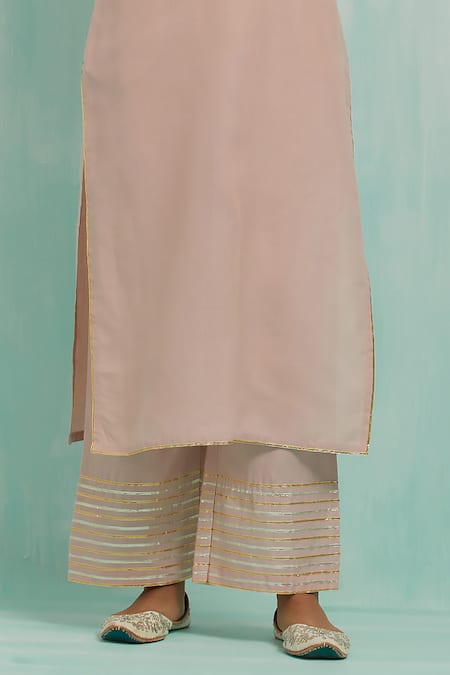 The Indian Cause Pink Cotton Gota Patti V-neck Embroidered Kurta With Palazzo Online at Aza Fashions The Indian Cause_Pink Cotton Gota Patti V-neck Embroidered Kurta With Palazzo_Online_at_Aza_Fashions