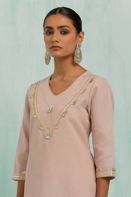 Buy The Indian Cause Pink Cotton Gota Patti V-neck Embroidered Kurta With Palazzo Online at Aza Fashions Buy_The Indian Cause_Pink Cotton Gota Patti V-neck Embroidered Kurta With Palazzo_Online_at_Aza_Fashions