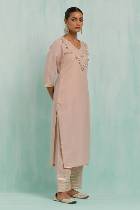 Shop The Indian Cause Pink Cotton Gota Patti V-neck Embroidered Kurta With Palazzo Online at Aza Fashions Shop_The Indian Cause_Pink Cotton Gota Patti V-neck Embroidered Kurta With Palazzo_Online_at_Aza_Fashions