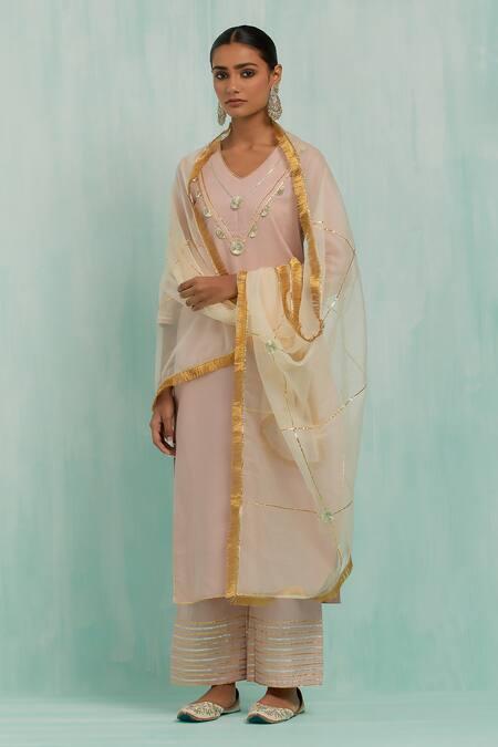 The Indian Cause Pink Cotton Gota Patti V-neck Embroidered Kurta With Palazzo at Aza Fashions The Indian Cause_Pink Cotton Gota Patti V-neck Embroidered Kurta With Palazzo_at_Aza_Fashions