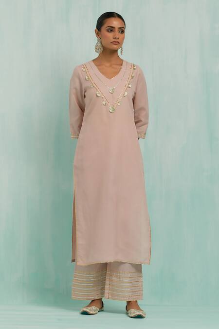 The Indian Cause Pink Cotton, Chiffon Embroidery, Gota Patti V-neck Placed Kurta Palazzo Set Online at Aza Fashions The Indian Cause_Pink Cotton, Chiffon Embroidery, Gota Patti V-neck Placed Kurta Palazzo Set_Online_at_Aza_Fashions