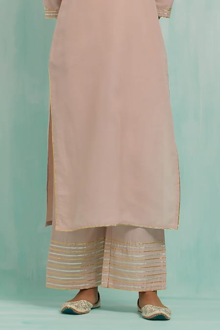 Buy The Indian Cause Pink Cotton, Chiffon Embroidery, Gota Patti V-neck Placed Kurta Palazzo Set Online at Aza Fashions Buy_The Indian Cause_Pink Cotton, Chiffon Embroidery, Gota Patti V-neck Placed Kurta Palazzo Set_Online_at_Aza_Fashions
