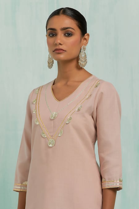 Shop The Indian Cause Pink Cotton, Chiffon Embroidery, Gota Patti V-neck Placed Kurta Palazzo Set Online at Aza Fashions Shop_The Indian Cause_Pink Cotton, Chiffon Embroidery, Gota Patti V-neck Placed Kurta Palazzo Set_Online_at_Aza_Fashions