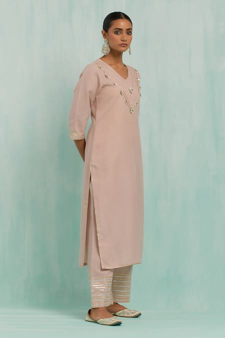 The Indian Cause Pink Cotton, Chiffon Embroidery, Gota Patti V-neck Placed Kurta Palazzo Set at Aza Fashions The Indian Cause_Pink Cotton, Chiffon Embroidery, Gota Patti V-neck Placed Kurta Palazzo Set_at_Aza_Fashions