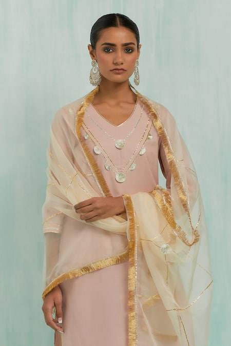 Buy The Indian Cause Pink Cotton, Chiffon Embroidery, Gota Patti V-neck Placed Kurta Palazzo Set Buy_The Indian Cause_Pink Cotton, Chiffon Embroidery, Gota Patti V-neck Placed Kurta Palazzo Set