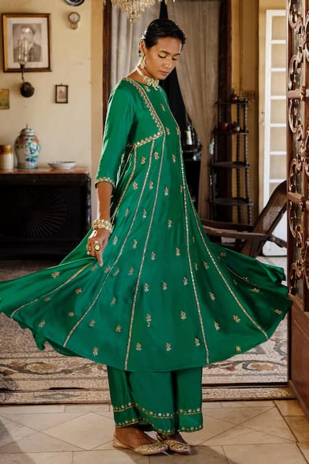 Paulmi And Harsh_Green Chiffon Beads, Sequins Round Neck Embroidered Panelled Anarkali And Pant Set _Online_at_Aza_Fashions