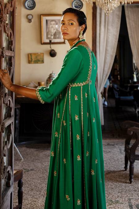 Buy_Paulmi And Harsh_Green Chiffon Beads, Sequins Round Neck Embroidered Panelled Anarkali And Pant Set _Online_at_Aza_Fashions