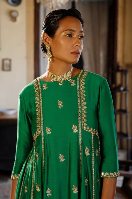 Shop_Paulmi And Harsh_Green Chiffon Beads, Sequins Round Neck Embroidered Panelled Anarkali And Pant Set _Online_at_Aza_Fashions