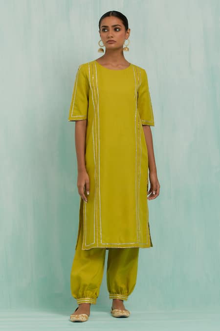 Shop The Indian Cause Green Cotton Gota Patti Round Neck Embellished Lace Kurta Salwar Set Shop_The Indian Cause_Green Cotton Gota Patti Round Neck Embellished Lace Kurta Salwar Set