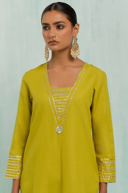 The Indian Cause_Green Cotton, Georgette Gota Patti, Embroidery Embellished Kurta Palazzo Set_at_Aza_Fashions