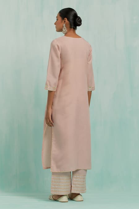 Shop The Indian Cause Pink Cotton, Chiffon Embroidery, Gota Patti V-neck Placed Kurta Palazzo Set at Aza Fashions Shop_The Indian Cause_Pink Cotton, Chiffon Embroidery, Gota Patti V-neck Placed Kurta Palazzo Set_at_Aza_Fashions