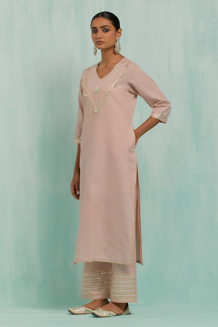 Buy The Indian Cause Pink Cotton Gota Patti V-neck Embroidered Kurta With Palazzo Buy_The Indian Cause_Pink Cotton Gota Patti V-neck Embroidered Kurta With Palazzo