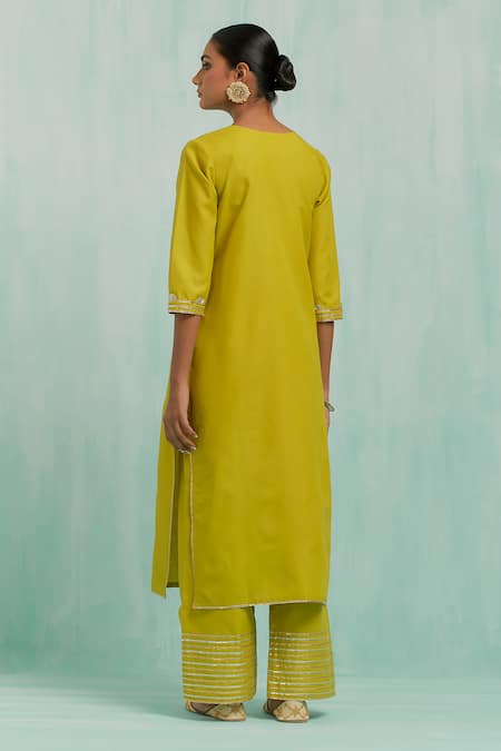 Shop The Indian Cause Green Cotton, Chiffon Embroidery, Gota Patti Haar Neckline Kurta Palazzo Set at Aza Fashions Shop_The Indian Cause_Green Cotton, Chiffon Embroidery, Gota Patti Haar Neckline Kurta Palazzo Set_at_Aza_Fashions