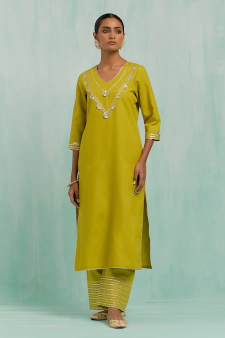 Shop The Indian Cause Green Cotton, Chiffon Embroidery, Gota Patti Haar Neckline Kurta Palazzo Set Shop_The Indian Cause_Green Cotton, Chiffon Embroidery, Gota Patti Haar Neckline Kurta Palazzo Set