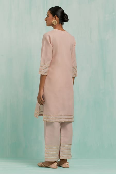 Shop The Indian Cause Pink Cotton, Chiffon Gota Patti V-neck Embellished Kurta Palazzo Set at Aza Fashions Shop_The Indian Cause_Pink Cotton, Chiffon Gota Patti V-neck Embellished Kurta Palazzo Set_at_Aza_Fashions