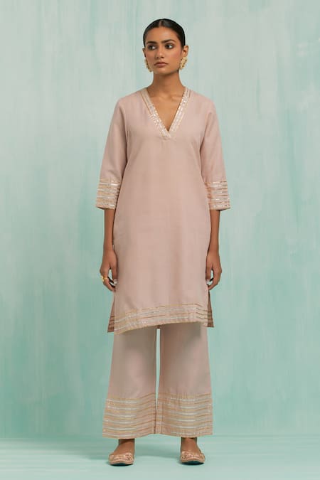 The Indian Cause Pink Cotton, Chiffon Gota Patti V-neck Embellished Kurta Palazzo Set at Aza Fashions The Indian Cause_Pink Cotton, Chiffon Gota Patti V-neck Embellished Kurta Palazzo Set_at_Aza_Fashions