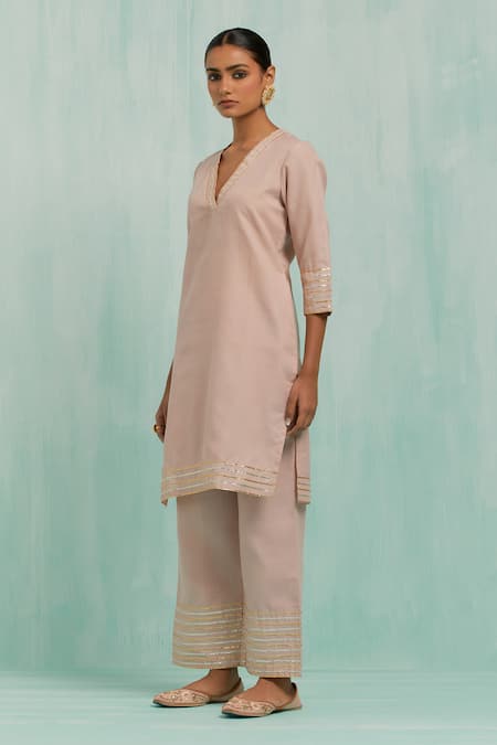 The Indian Cause_Pink Cotton Gota Patti V-neck Embellished Kurta With Palazzo_at_Aza_Fashions