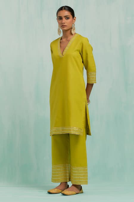 Buy_The Indian Cause_Green Cotton Gota Patti V-neck Embellished Straight Kurta With Palazzo