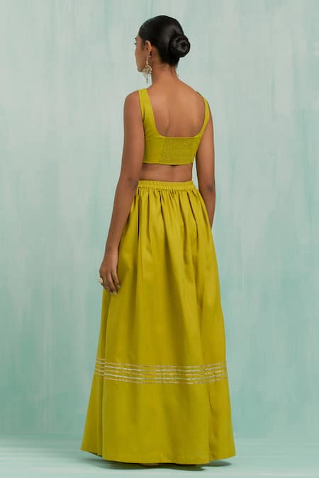 Shop_The Indian Cause_Green Cotton Gota Patti Asymmetric Embellished Pleated Lehenga Set _at_Aza_Fashions