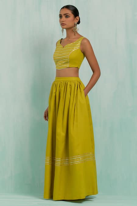 Shop_The Indian Cause_Green Cotton Gota Patti Asymmetric Embellished Pleated Lehenga Set 